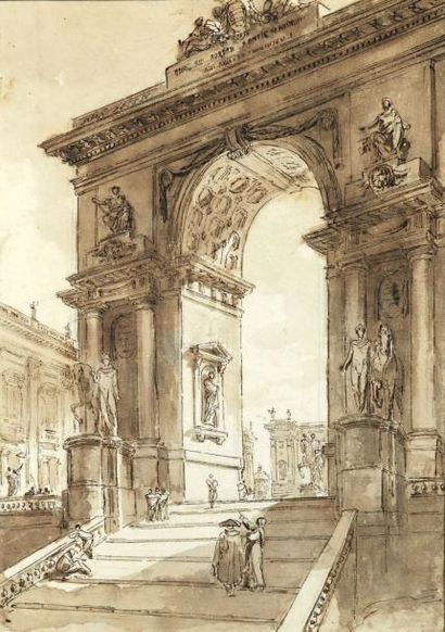 Hubert ROBERT (1733-1808) Caprice architectural: Un arc de triomphe devant la place...