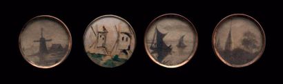 null Quatre boutons

peints sur papier : moulins, voilier, tour.

XVIIIe siècle

D...