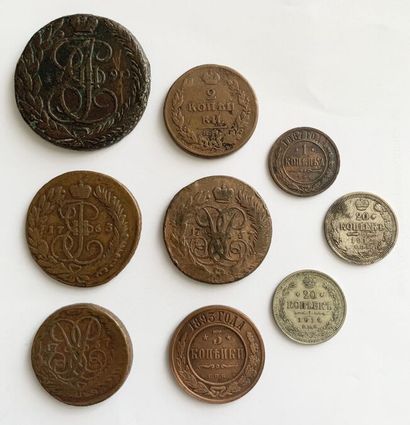 null RUSSIE

Ensemble de monnaies comprenant 5 kopeks 1790, 2 kopeks 1811, 2 kopeks...