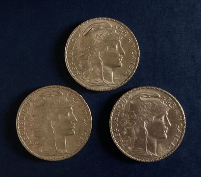 null TROIS PIECES DE 20 FRS OR RF (Coq / Marianne)
1905, 1908 et 1911
19,2 g.
