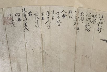 null CHINE - XXe siècle
Eventail, encre sur papier, trois canards près des roseaux....