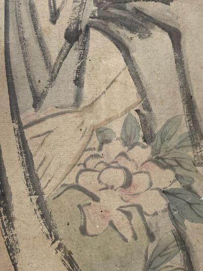 null CHINE - XIXe siècle
Encre sur papier, Guanyin debout avec un panier rempli de...