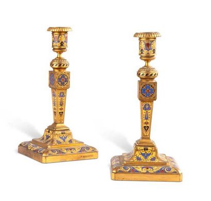 A pair of gilt-bronze and cloisonné enamel candlesticks, signed by Ferdinand Barbedienne,... Gazette Drouot