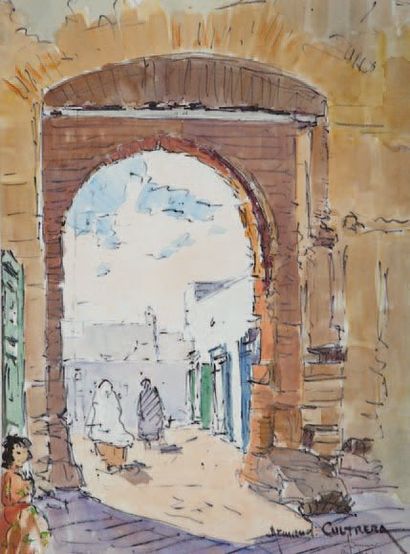 A.Cultrera de Montalban (1901-1981) "Porte à Azemmour" - feutre et aquarelle signé...