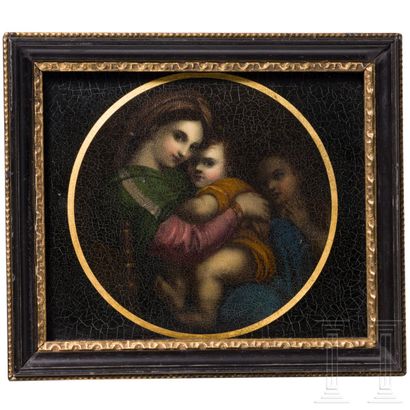  Une plaque peinte à l'huile et à la laque représentant la Madonna della Sedia d'après... Gazette Drouot
