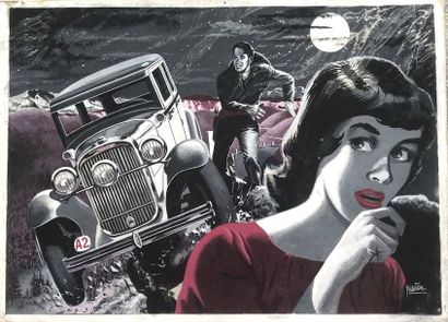 PIROTON, Arthur (1931-1996) Illustration with car, gouache for Bonne Soirée magazine,...