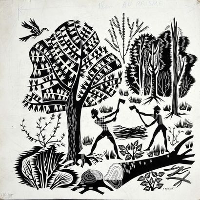 JOUBERT, Pierre (1910-2003) The scouts will be lumberjacks.
India ink on a white...