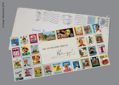 Hergé-Carte de vœux 1976 Bloc-feuillets de faux timbres. Dimensions: 21,5x11 cm....