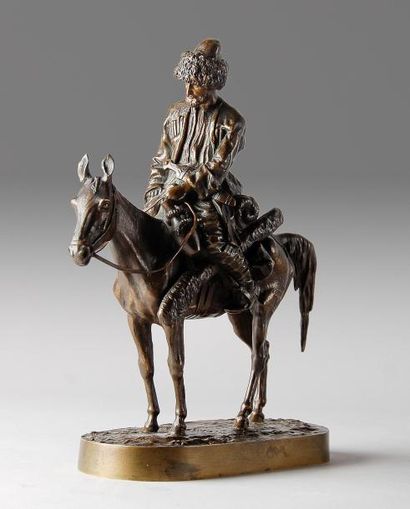 LANCERAY Eugène Alexandrovitch (1848-1886) Cavalier cosaque. Bronze à patine brune,...
