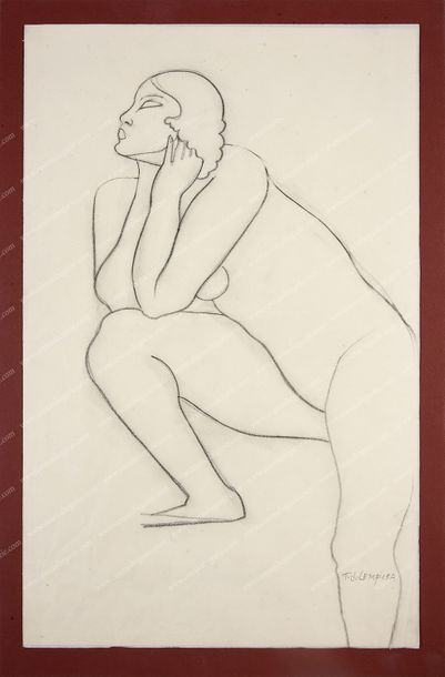 LEMPICKA de Tamara (1898-1980). 
Étude d'une femme nue vue de profil.
Dessin à la...