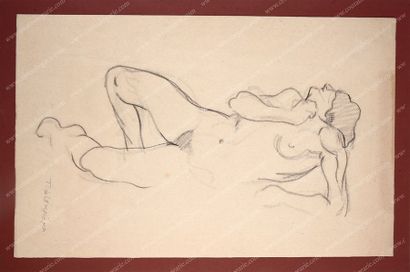 LEMPICKA de Tamara (1898-1980). 
Étude d'une femme nue allongée.
Dessin à la mine...