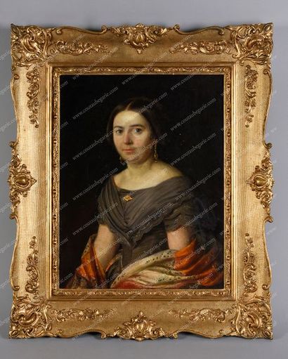 RATCHKOFF Nicolas Efimovitch (1825-1895). 
Portrait d'une jeune femme au châle.
Huile...