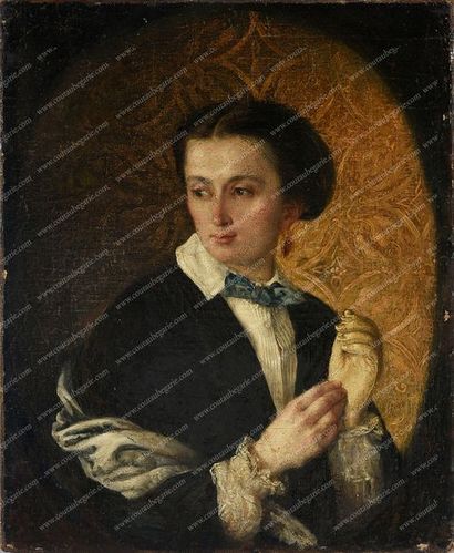 PODKOVANTSEFF Perth Ivanovitch (1820-1878). 
Portrait d'une élégante dans un intérieur.
Huile...