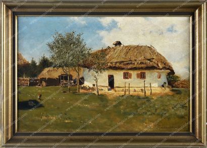 SVETOSLAVSKI Serge Ivanovitch (1857-1931). 
Hutte paysanne dans un village d'Ukraine.
Huile...