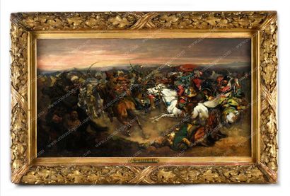 KOVALIEVSKI Pavel Ossipovitch (1843-1903). 
Groupe de cavaliers cosaques en bataille.
Huile...