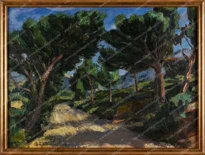 POGEDAIEFF Georges de (1897-1971). 
Vue d'un chemin en forêt.
Huile sur toile signée...