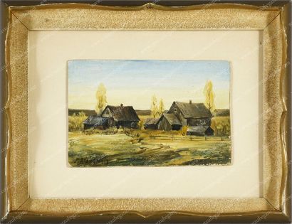 ALADJALOFF Manuel (1862-1934). 
Deux maisons dans la campagne russe.
Huile sur panneau...