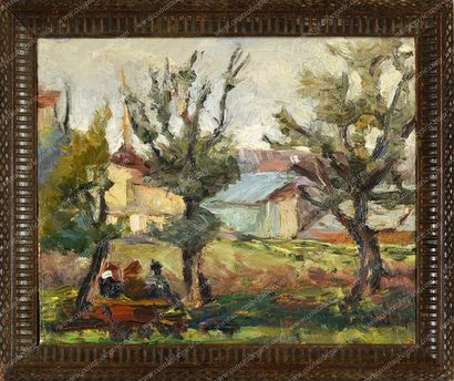 TARKHOFF Nicolas (1871-1930). 
Vue d'un village.
Huile sur toile contrecollée sur...