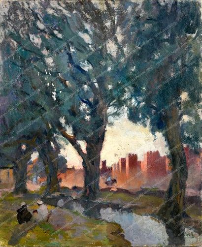 PAVIL Élie Anatole (1873-1948). 
Coucher de soleil à Taroudant.
Huile sur toile signée...