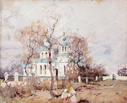 KOLESNIKOFF Stepan Feodorovitch (1879-1955). 
Église orthodoxe dans la campagne russe.
Gouache...