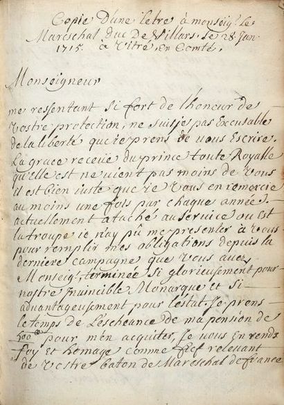 null MILITARIA.- MANUSCRIT du XVIIIe siècle en 2 parties, intitulé «Receüil de mes...