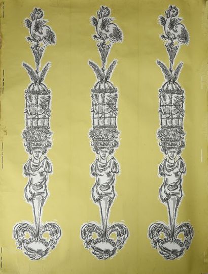 null Caryatids, wallpaper panel, Follot manufacture circa 1950, printed on pistachio...