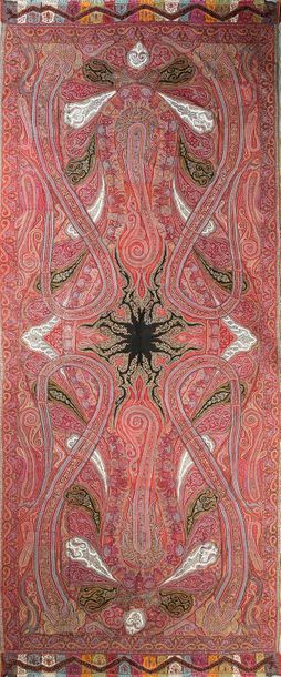 null Long cashmere shawl, India, circa 1860, black star-shaped reserve; the slopes...