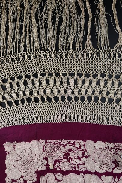 null Canton shawl, late 19th century, purple silk crepe embroidered in full cream...