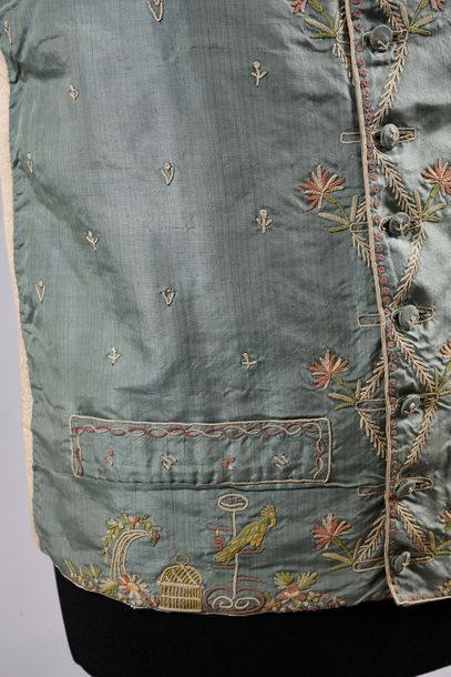 null Straight waistcoat, end of the 18th century, light blue jasper taffeta embroidered...