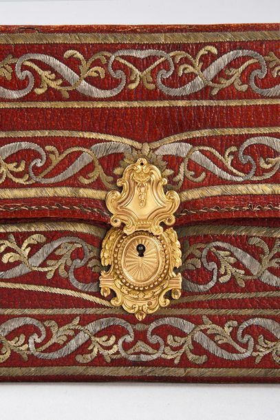 null Red morocco leather pouch with flap, circa 1770, gold and silver spun embroidery...