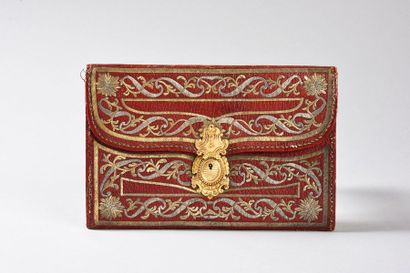 null Red morocco leather pouch with flap, circa 1770, gold and silver spun embroidery...