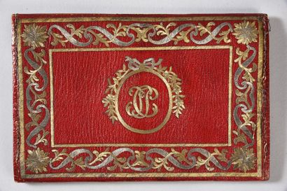 null Red morocco leather pouch with flap, circa 1770, gold and silver spun embroidery...