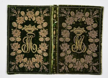 null Embroidered binding detached from a book or notebook, early 19th century, bottle...