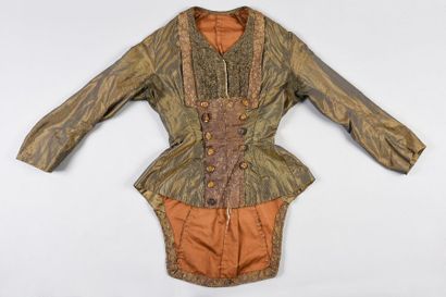 null Daytime dress, circa 1885, in green striped taffeta and chamois and silk weave...