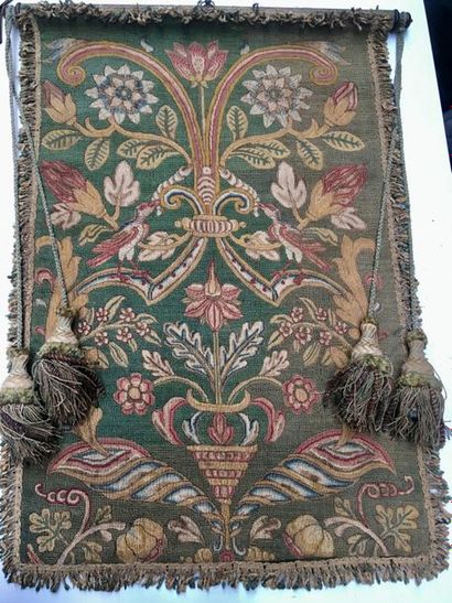null A 17th century tapestry hanging screen sheet, embroidered on polychrome silk...