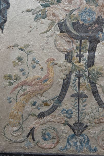 null Embroidery with bouquet and peacocks, 1800 (?), the background embroidered in...