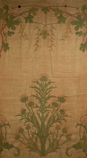 null Panel of printed hemp canvas, ca. 1900-1910, printed in green ochre and old...