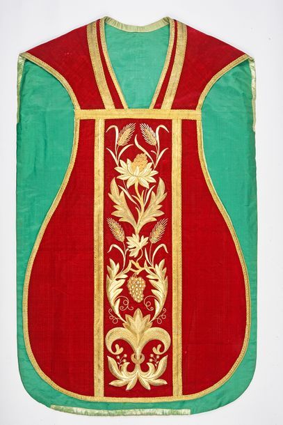 null Chasuble, end of the 19th century, red silk velvet; orphreys embroidered in...