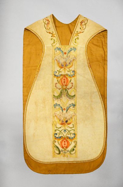 null Etonnante chasuble, en velours peint, vers 1900, velours de coton crème; orfrois...