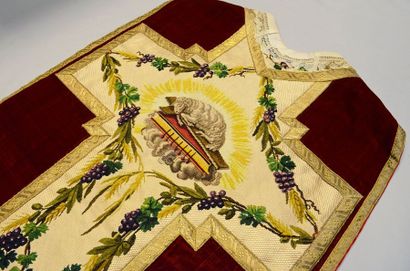 null Embroidered chasuble, circa 1840, crimson silk velvet; orphreys in silk tapestry...