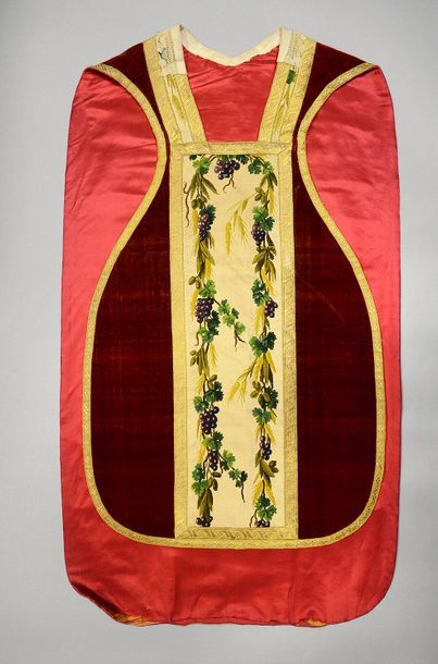null Embroidered chasuble, circa 1840, crimson silk velvet; orphreys in silk tapestry...
