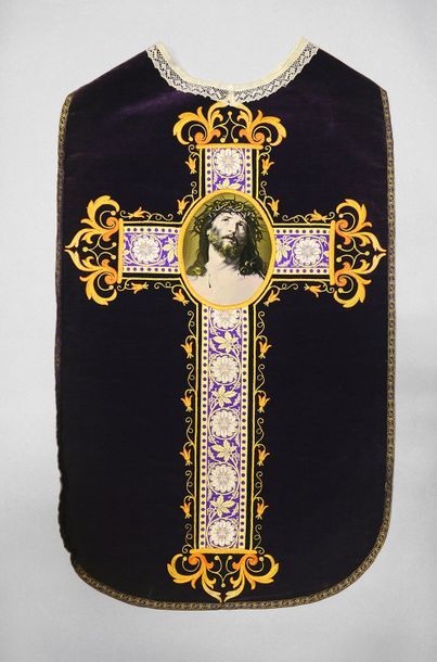 null Chasuble, early 20th century, purple cotton velvet; orphreys applied with a...