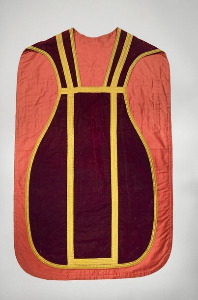 null Embroidered chasuble, early 20th century, crimson cotton velvet; orphreys embroidered...