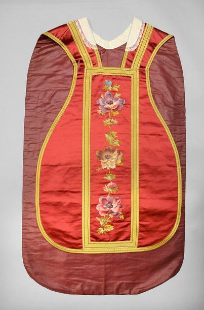 null Chasuble, circa 1900, red satin; orphreys embroidered in application with naturalistic...