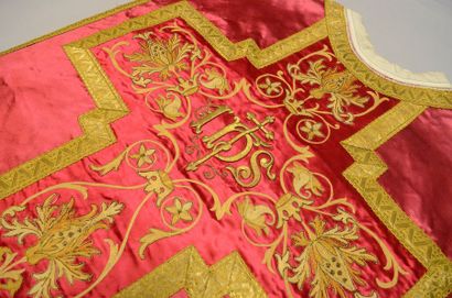 null Chasuble, late 19th-early 20th century, cherry satin; neo-Gothic orphreys underlined...