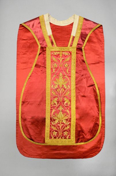 null Chasuble, late 19th-early 20th century, cherry satin; neo-Gothic orphreys underlined...