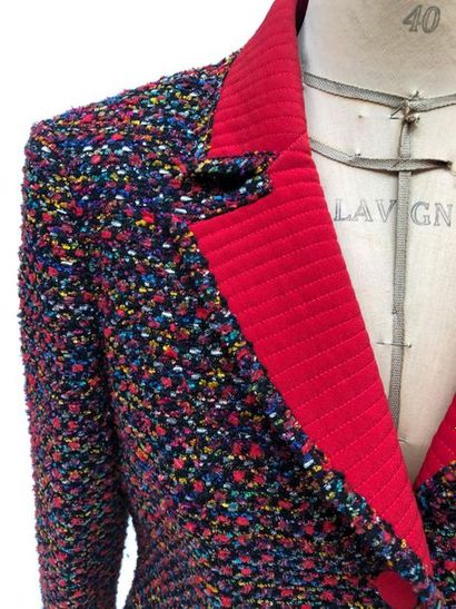 null ANNIE CORVAL, trouser suit in black, blue, red and gold mixed tweed, crossed...