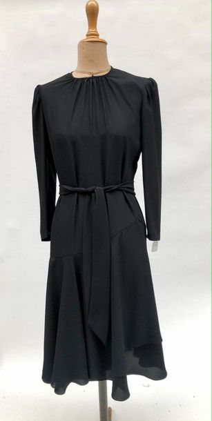 null CARVEN BOUTIQUE, black silk crepe dress with long sleeves, asymmetrical skirt,...
