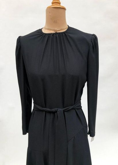 null CARVEN BOUTIQUE, black silk crepe dress with long sleeves, asymmetrical skirt,...