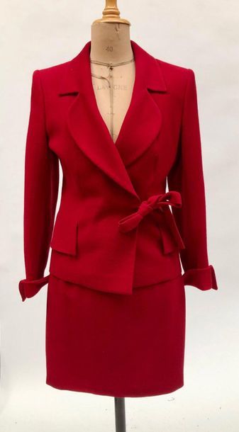 null MISS TORENTE, cherry wool crepe suit set, crossover jacket tied on the side,...